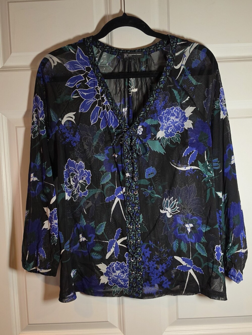 INC International Concepts Black Floral Tie-Front Blouse with Blue Accents Sheer